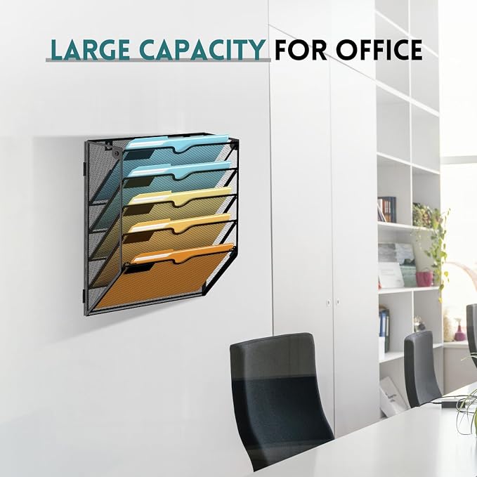 5 Tier Wall File Organizer, Hanging Wall Mounted Mail Organizer with Label Slots, Metal Mesh File Holder Magazine Rack for Office, Home, School or Classroom, Black, 2Pack - Image 5