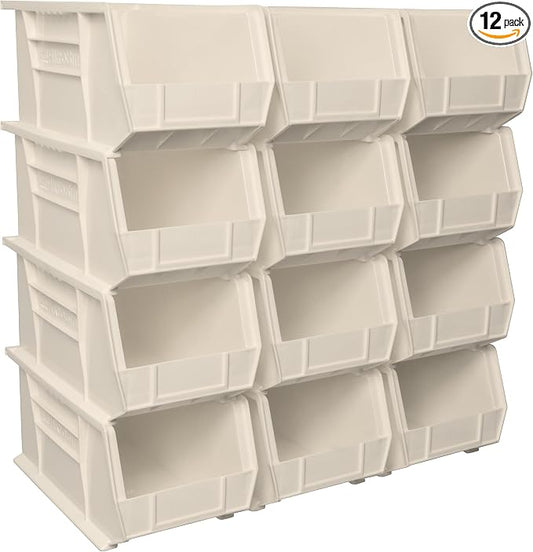 Akro-Mils 30240 AkroBins Plastic Storage Bins, 15"x8"x7", Stone, 12-Pack | Space-Saving Stackable Bins for Garage, Pantry, Craft Organization by Akro-Mils