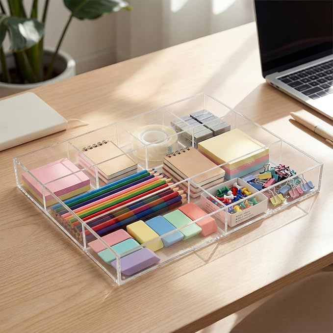 Large Acrylic Desk Deep Drawer Organizer with Adjustable Dividers, Anti-skip Clear Desk Top Junk Drawer Storage Tray for Pens, Desktop, Office, Bathroom, Kitchen, Makeup Supplies(7 Compartments) - Image 5