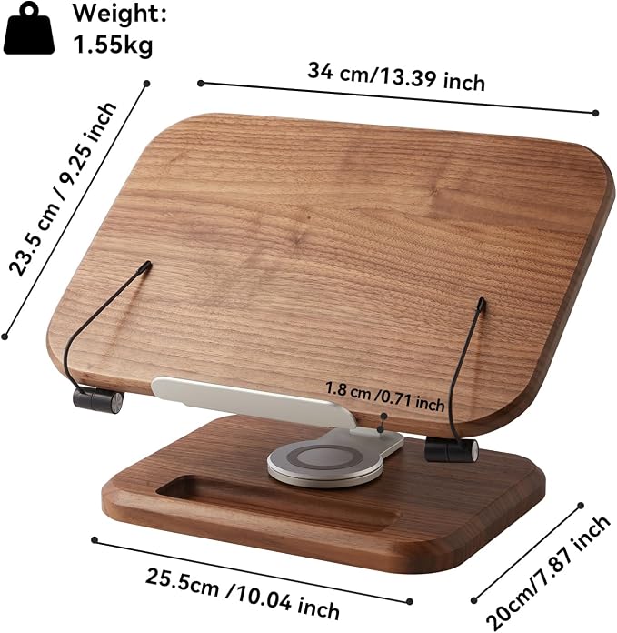 Book Stand for Reading, Mayhas Adjustable Book Holder with 360° Swivel Base&Page Clips, Foldable Desktop Stand for Cookbook, Fits All Books (Walnut, Wood Base) - Image 6