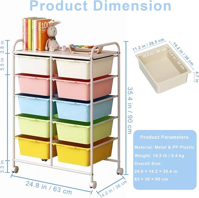 Ytaoka 10 Drawers Rolling Storage Cart, Plastic Drawer Cart with Metal Frame, Multipurpose Art Craft Cart Organizer with Wheels, Utility Cart with Drawers for Home, Office, School, Multicolor - Image 3