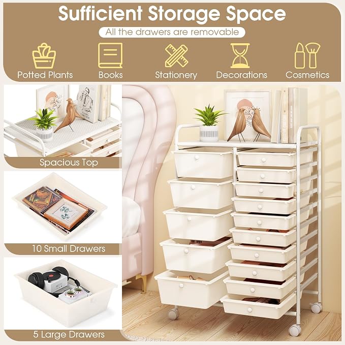 DORTALA 15-Drawer Rolling Storage Cart with Drawers, Rolling Utility Cart w/Removable Drawers & Universal Wheels, Tools Scrapbook Paper Organizer for School, Office, Home, Classroom (Ivory) - Image 5