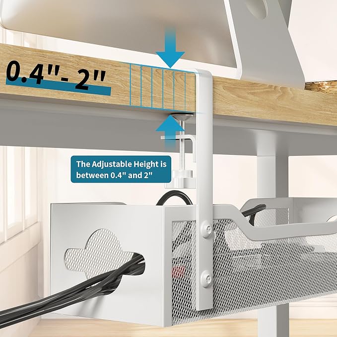 Under Desk Cable Management Tray No Drill, 13.38'' Metal Tray with Clamp for Wire Management, Litwaro Cord Organizer Home Office Damage to Standing Desk, White - Image 3