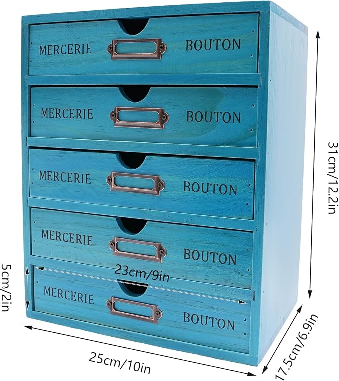 5 Drawer Wooden Desk Organizer, Wooden Storage Box Desktop Storage, Countertop Drawers Library Card Catalog Cabinet Apothecary Cabinet, Vintage Wood Home Office Desk Organizer (Blue) - Image 3