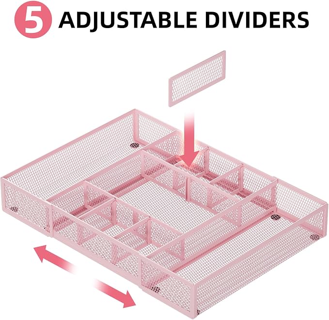 Marbrasse Expandable Desk Drawer Organizer, Mesh Tray with 10 Adjustable Compartments, Desk Organizers for Office Supplies, Makeup & Vanity (Expandable-Pink) - Image 3