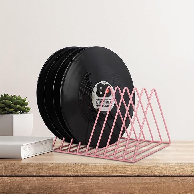 Vinyl Record Holder Storage, 9 Slot Metal Magazine Book Album Display Rack, Stylish Triangle Desktop File Sorter Organizer for Home Office, Pink - Image 5