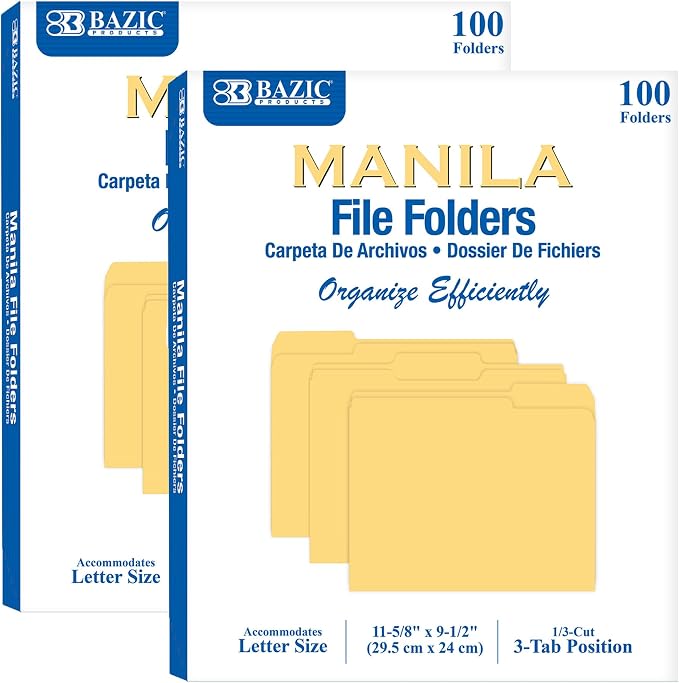 BAZIC Products Manila File Folder, 1/3-Cut Tab, Letter, 100 Ct Box, 2-Pack | staggered tabs, Fit standard file drawers and cabinets by BAZICProducts