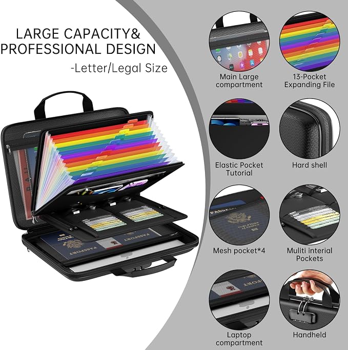 Fireproof File Organizer with Lock, Hard-Shell Document Box, Black | Water Resistant, 13-Pocket Expanding Folder, Portable Safe Storage for Letter Legal Files, Laptop, Valuables, Large Capacity - Image 3