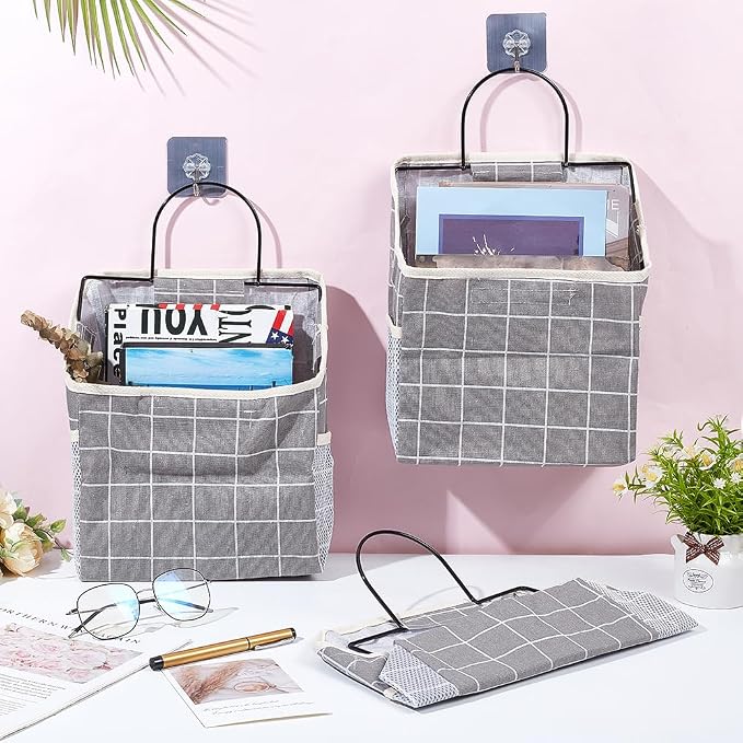 WADORN 6 Sets Wall Hanging Storage Bag, Multifunctional Door Closet Hanging Storage Basket with 6 Sticky Hooks Dorm Room Bedside Caddy Organizer for Bedroom Kitchen Bathroom, Grey - Image 5