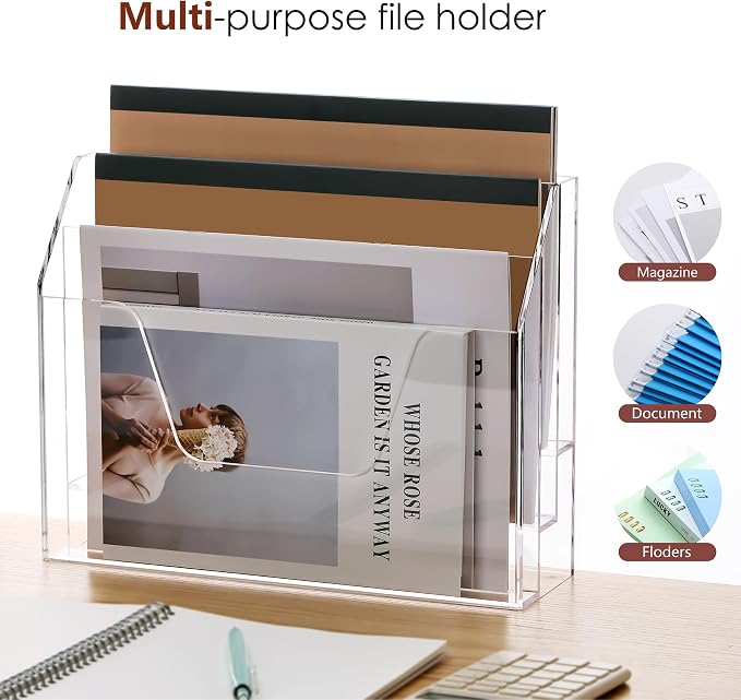 Wall Hanging File Folder Organizer for Desk, 3-Tier Acrylic Magazine Rack Wall Mount File Holder, Clear Paper Document Office Organizer - 1 Pack - Image 4