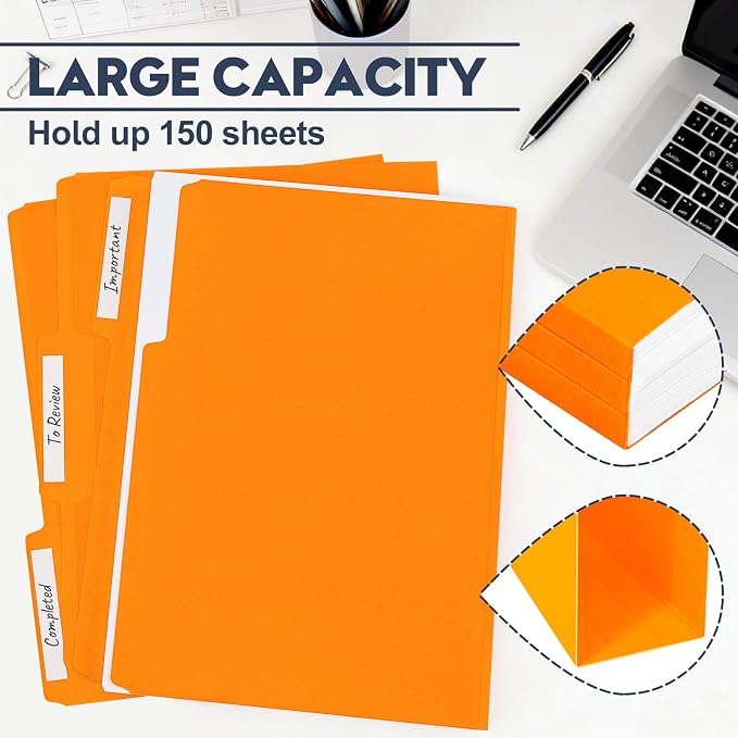 File Folders,Colored File Folders Letter Size,8.5" x 11",150 Pack 1/3 Cut Tab Bulk Folders,Durable Paper Folders with Blank Labels for Office Business School Home Use,Pumpkin Orange - Image 4