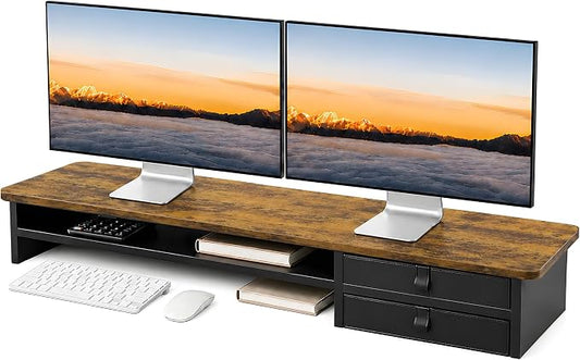 Dual Monitor Stand, 42.5 Inch Wood Monitor Riser with Drawers, 2 Tier Desktop Organizer for Computer Laptop TV, Large Screen Stand for Home Office Desk by ExaDesk