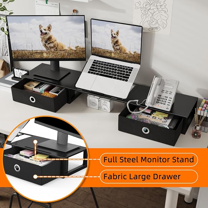 WESTREE Monitor Stand Riser with Adjustable Laptop Stand Riser, Steel Frame Dual Monitor Stand with Two Drawers for 2 Monitors, Desktop Oraganizer Stand for Computer,Laptop,Screen - Image 3