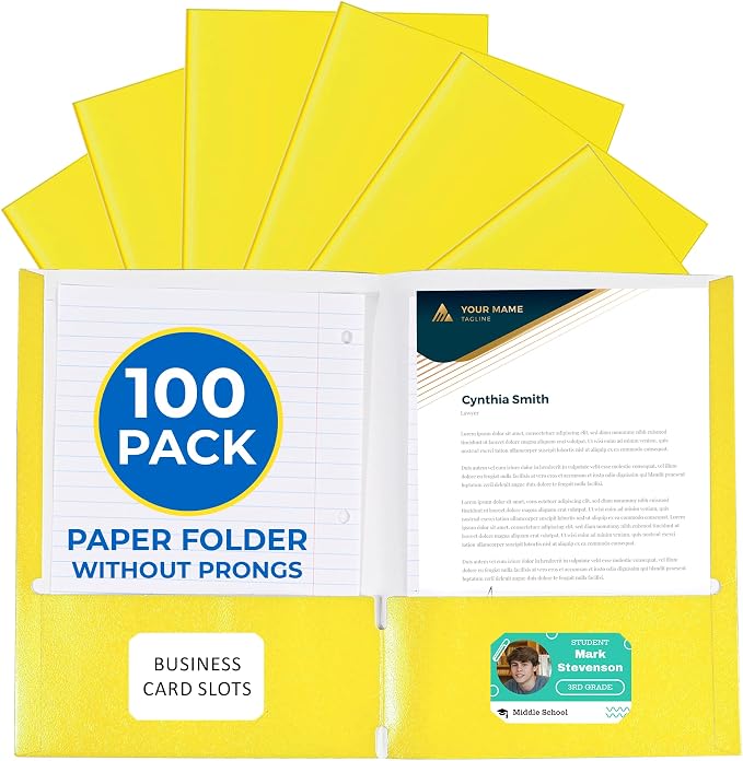 100 Pack Yellow 2 Pocket Paper Folders. EPI Heavy Duty, Bulk Folders with Pockets and Business Card Slots. Colored Letter Size Document Organizers. Durable Portfolio for School, College, Office Files by EPI