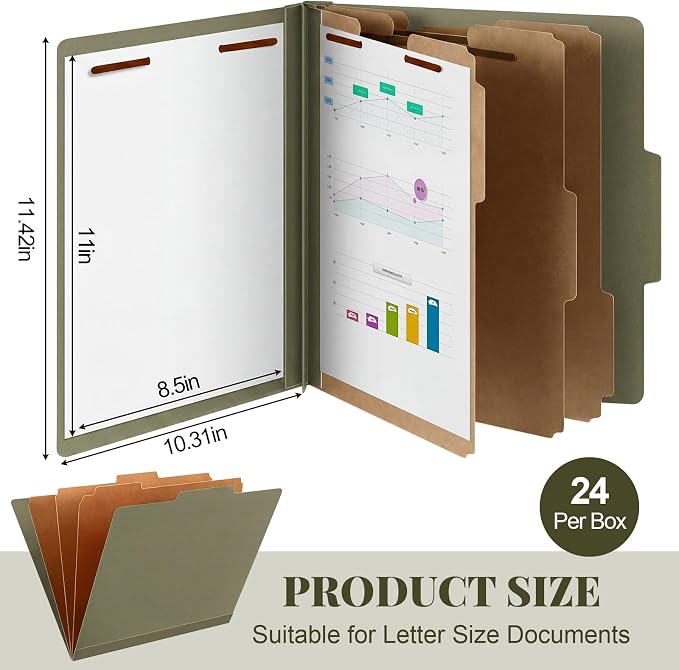 AmazingSpark 24 Pcs Classification Folder Letter Size Bulk 3 Divider Pressboard File Folder with Expansion 2 Prong Fastener Heavy Duty Office File Organizer for School Medical Document(Hunter Green) - Image 2