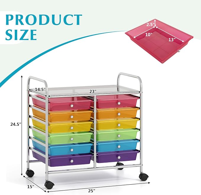 GOFLAME 12-Drawer Rolling Storage Cart, Multifunctional Art Craft Organizer Cart, Mobile Utility Storage Cart with Removable Drawers & Lockable Wheels, Craft Cart for Home Office School, Rainbow - Image 3
