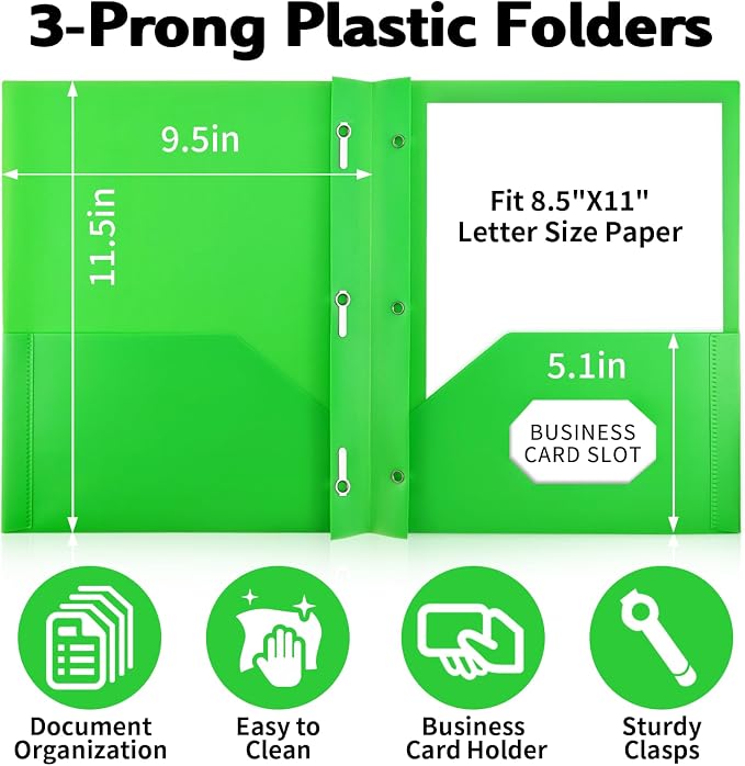Plastic Folders with Pockets and Prongs (12 Pack,Multi-Colored),Fit Letter Size Paper,Business Card Slot,2-Pocket Folder for School Office or Home,Durable Acid-Free Poly,Back to School Supplies - Image 2
