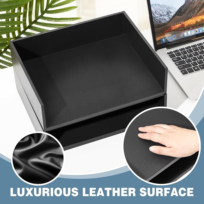 Yeaqee 2 Pcs Wooden Leather Stackable Letter Trays 13 x 10.6inch Luxurious Surface Desk Letter Tray Heavy Paper Inbox Mail Organizer for Office Document Magazine Folder Desktop Accessories(Black) - Image 2