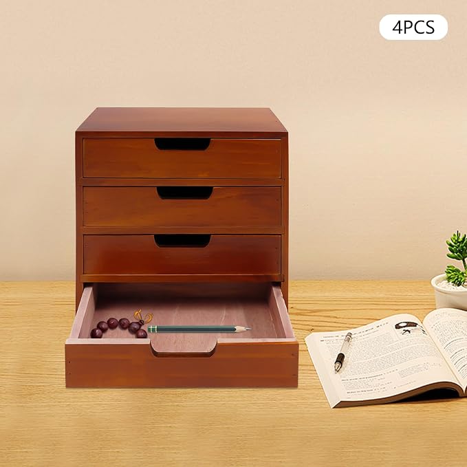 4-Pack Wooden Drawer Organizer Set, Stackable 4-Drawer Desktop Storage Cabinets in Modern Mahogany Wood - 16-Drawer Countertop Organizer for Office, Vanity, Home, and School (Wood Color) - Image 5