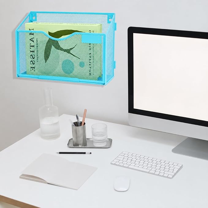 1 Pocket Mesh Wall File Holder Organizer Office Hanging File Folder Magazine Rack, Nametag Label Hooks Set Included (Blue) - Image 6