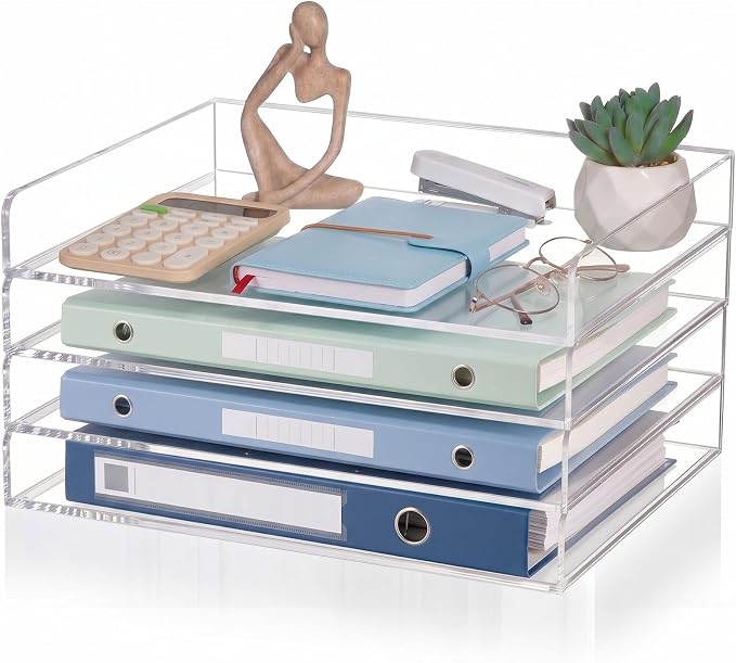 Harloon 4 Tier Acrylic Paper Tray Organizer, Heavy Duty Stackable Clear Organizer for A4/Letter Paper, Acrylic File Storage for Desk, Office Workspace, No Assembly Required, 13 x 10 x 1.7 Inches by Muasung