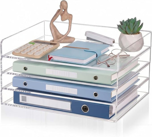 Harloon 4 Tier Acrylic Paper Tray Organizer, Heavy Duty Stackable Clear Organizer for A4/Letter Paper, Acrylic File Storage for Desk, Office Workspace, No Assembly Required, 13 x 10 x 1.7 Inches by Muasung