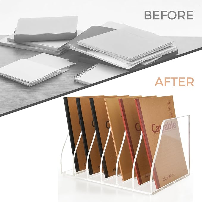 Acrylic Magazine File Holder, 6 Vertical Compartments Desk Document Sorter Organizer, Clear Folder Rack Binder for Office/Home/Classroom, for Documents, Tablet, Magazines, Books & Accessories - Image 8