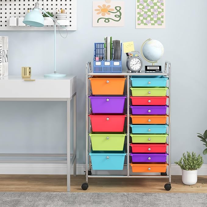 Giantex 15-Drawer Organizer Cart Office School Storage Cart Rolling Drawer Cart for Tools, Scrapbook, Paper (Multicolor) - Image 2