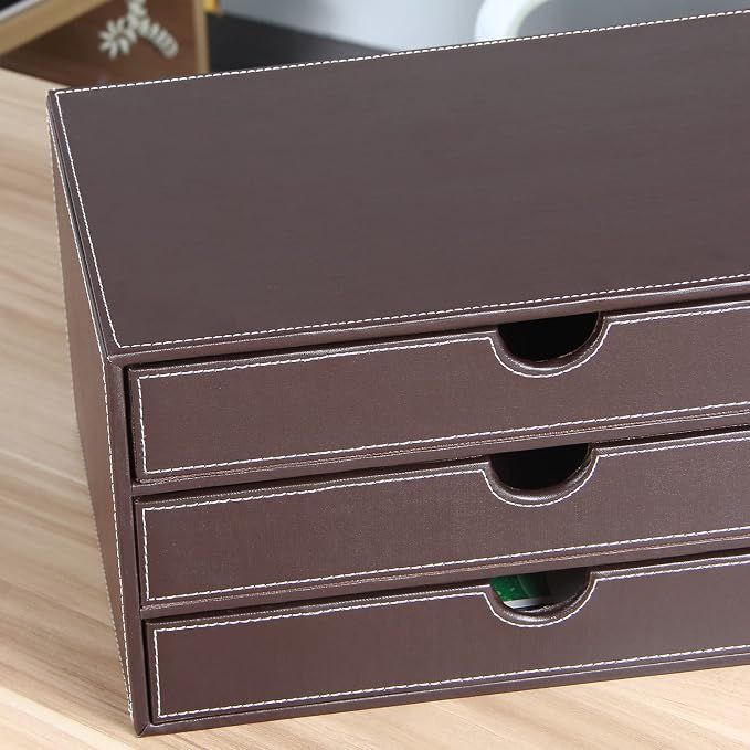 PU Leather Desk Organizer with 3 Drawers,Executive Office Supplies Desktop Filing A4 File Cabinet/Holder for Jewelry/Bill/Paper/Documents/Makeup Home Decor Stationery Storage Box,Brown - Image 8