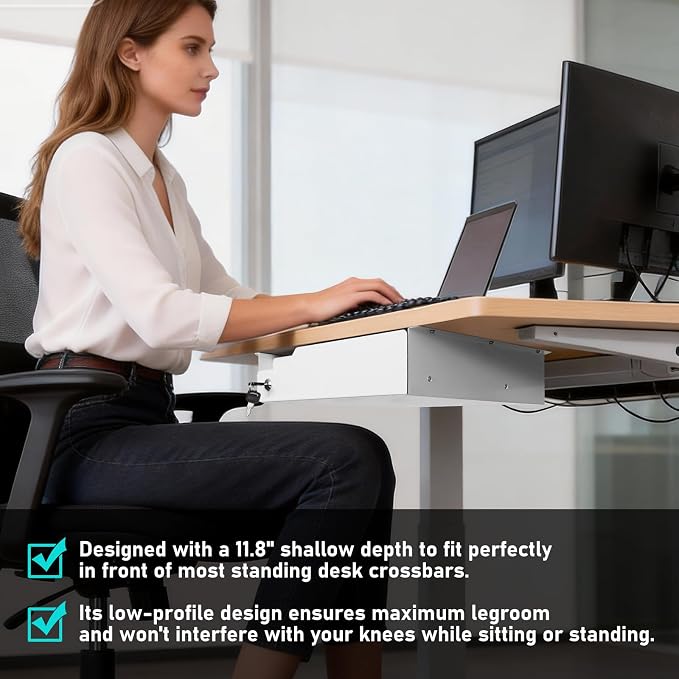 Under Desk Drawer Storage with Lock, Metal Undermount Table Drawer, Ball Bearing Slides Out Tray Organizer for Paper, Pencil, and Laptop 16"x11.8"x3.6", White - Image 6