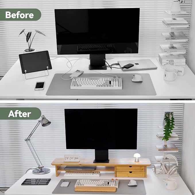 Bamboo Dual Monitor Stand, Natural Desk Shelf with Storage | 39.3 inch Monitor Riser with 2 Drawers, Desk Stand with Cable Management for Home Office, Printer, Laptop - Image 7