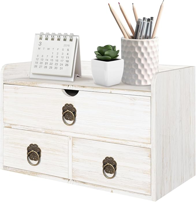 Wood Desk Organizer with Drawer, White Wooden Desktop Organizer, Tabletop Storage Organization Box for Countertop, Home Office Supplies, 13.5x6.6x8.2 Inch(3 Drawer and Shelf) by SEEKELEGANT
