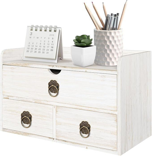 Wood Desk Organizer with Drawer, White Wooden Desktop Organizer, Tabletop Storage Organization Box for Countertop, Home Office Supplies, 13.5x6.6x8.2 Inch(3 Drawer and Shelf) by SEEKELEGANT