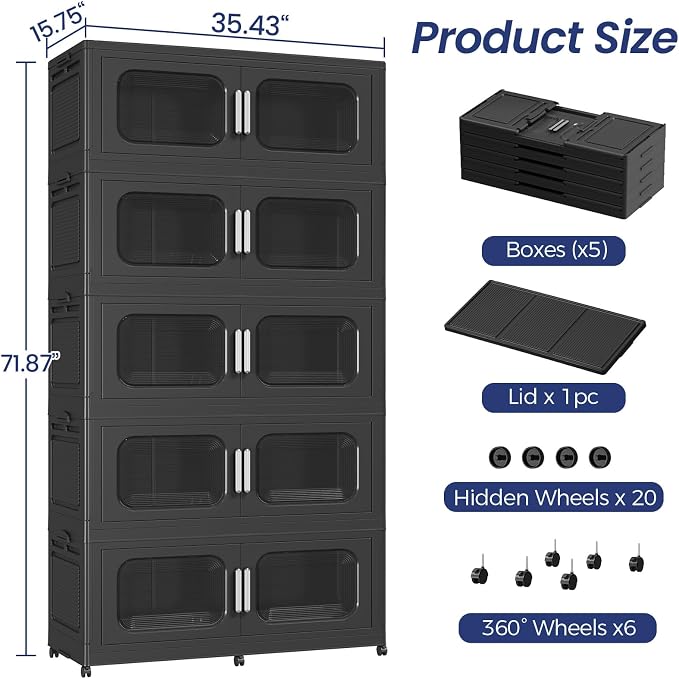 250Gal Exra Large Stackable Storage Bins with Lid, 1000QT Collapsible Storage Box with 6x Wheels, Folding Plastic Cabinet Container with Door Drawer for Home Kitchen Office Dorm, 5Pack Black - Image 2