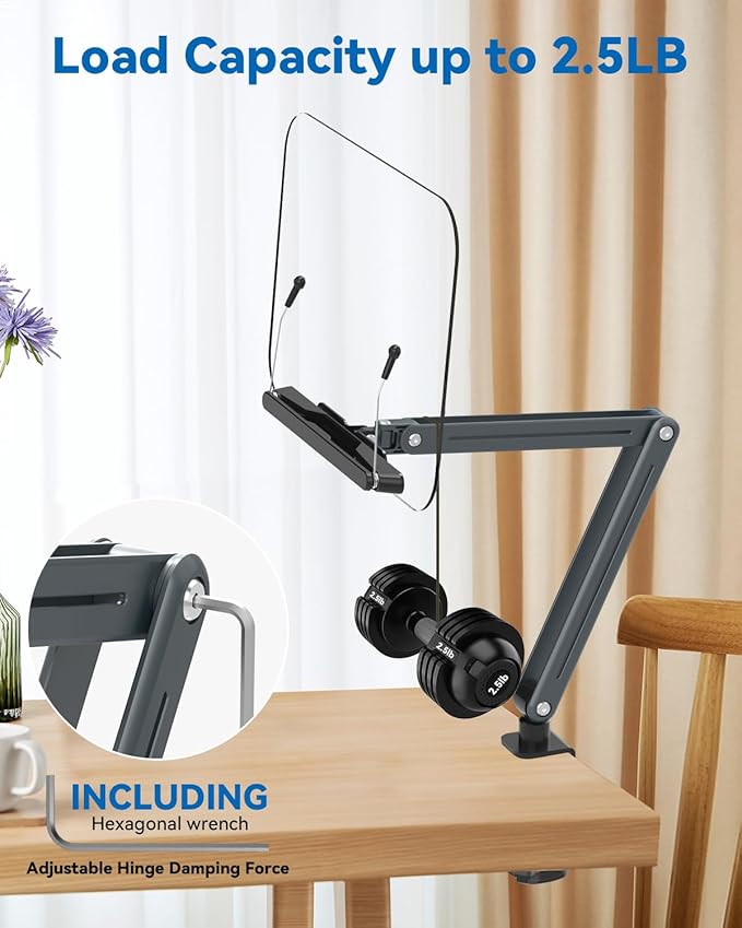 Desk Clamp Acrylic Book Stand for Reading, Ergonomic Design Adjustable Height up to 20 inches with Rotating Bases Cookbook Stand, Suitable for Recipe, Sheet Music, Tablet(Gray) - Image 4