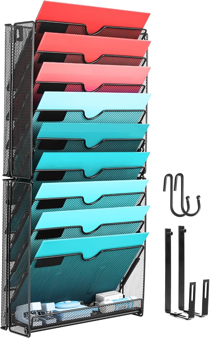 Wall File Organizer, 10 Pockets Mesh Hanging File Organizer | Wall Mount File Holder With Hooks, Wall Organizer Magazine Rack for Office Supplies, Black by GALASALA