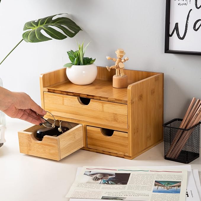 Rustic Bamboo Desk Organizer with Drawers,3-Drawer Desktop Storage Box | 3 Drawers Mini Open Top Shelf Pens, Notes, Makeup, Jewelry & Toiletries for Office, Bath Toiletries Vanity Office Supplies - Image 5