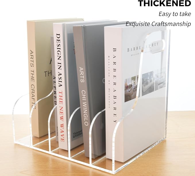 5 Vertical Compartments File Holder, Clear Acrylic Desk Organizer and Storage Bins Holding for Magazines, Binders, Notebooks, Envelopes, Multi-purpose Document Organizer for Home Office - Image 4