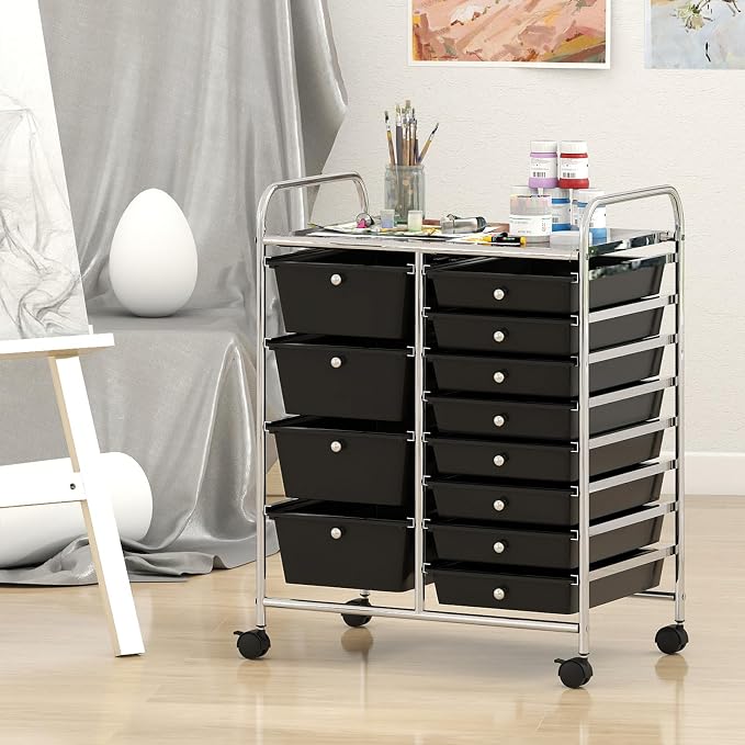 Giantex 12 Drawer Rolling Cart with Drawers, Storage Organizer Cart for Classroom Office School Teacher, Mobile Drawer Cart for Tools, Crafts, Small Printer, Black - Image 4