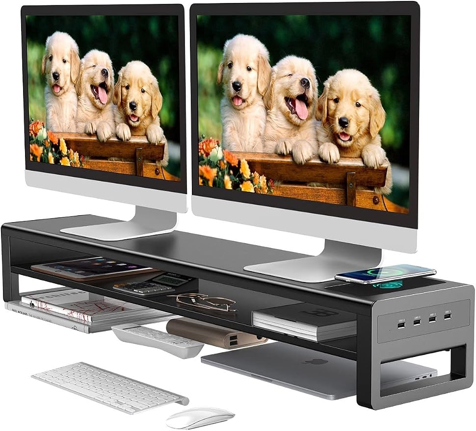 2 Tiers Dual Monitor Stand with Auto Charging Pad, 4 USB 3.0 Hub Ports, Double Monitor Riser, Metal Desk Stand with Storage, Long Screen Raiser for 2 Monitors/PC/Laptop/Computer Space Saver Organizer by STARSIKI