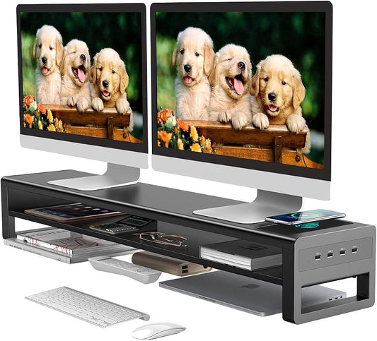 2 Tiers Dual Monitor Stand with Auto Charging Pad, 4 USB 3.0 Hub Ports, Double Monitor Riser, Metal Desk Stand with Storage, Long Screen Raiser for 2 Monitors/PC/Laptop/Computer Space Saver Organizer by STARSIKI