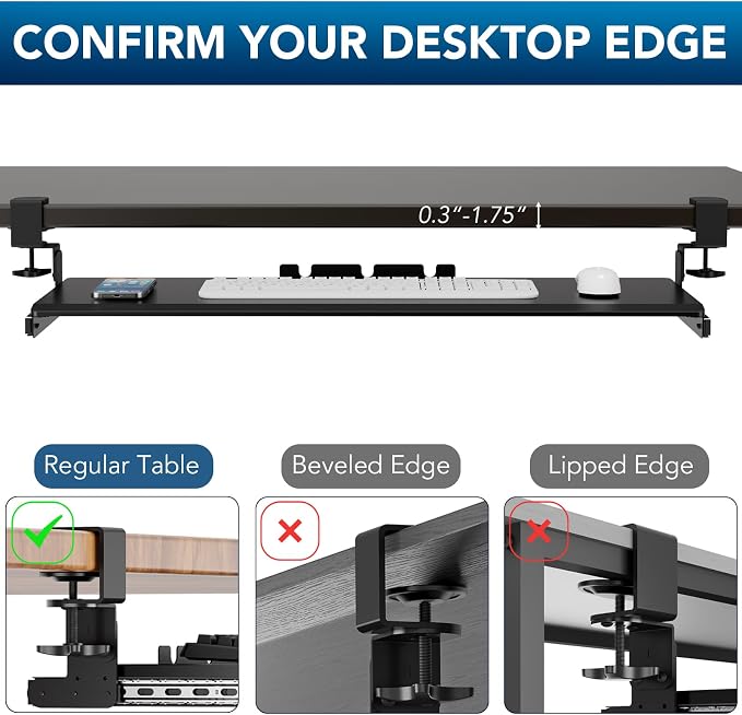 Keyboard Tray Under Desk Pull Out with 3 Height Adjustable Extra Sturdy C Clamp Mount System, 32.8 (38 inch Including Clamps) x 12 Inch Slide-Out Platform Computer Drawer for Typing - Image 7