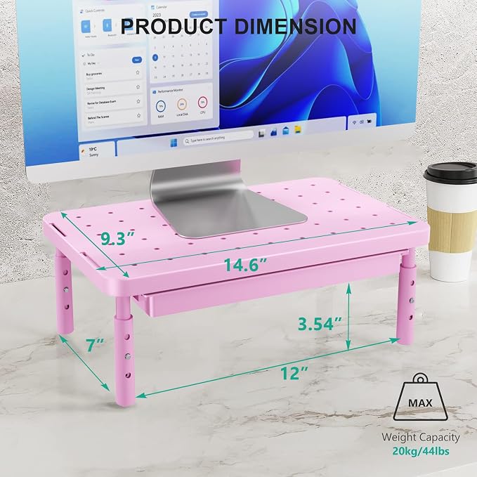 WALI Computer Monitor Stand with Storage, Monitor Riser 3 Height Adjustable | Laptop Riser with Airflow Vents, Desk Organizer for Computer, Printer, Notebook (PTT002-P), 1 Pack, Pink - Image 6