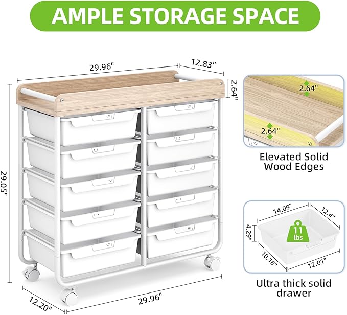 10 Drawers Rolling Cart with Wooden Tabletop, Utility Storage Cart with Wheels, Art Supply Craft Organizer on Wheel with Metal Frame & Handles for Home Office School (Pure White) - Image 3