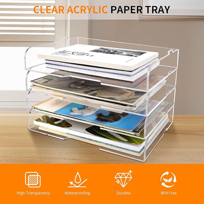 4 Pack- Stackable Paper Letter Tray,Clear Acrylic Magazine Holder and File Organizer - Sleek Desk Organizer for Home Office, Bookshelf, or Workspace - Space-Saving Transparent Document Holder - Image 2