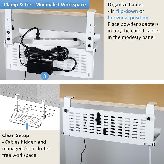 AEONS Universal Under Desk Cable Management Tray-Clamp Mount Hinged Swing Modesty Panel Organizer for Office Desks Easy Access Flip-Down position Power Strip Cord Storage No-Drill 25 lb Capacity White - Image 3