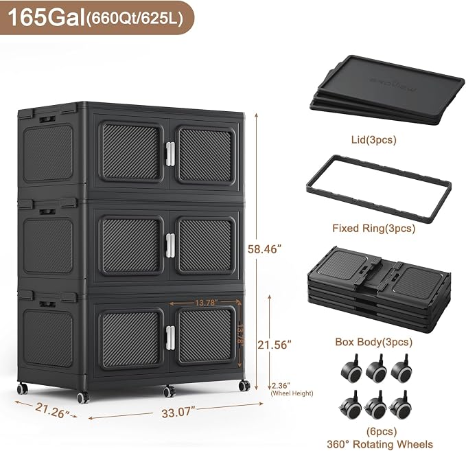 BROVIEW 660 Qt Extra Large Stackable Storage Bin with Lids, 3 Pack Black | 165Gal Extra Large, Collapsible Storage Boxes with 3 Lids, Folding& Rolling Plastic Drawer, Heavy-Duty Cabinet Organization - Image 2