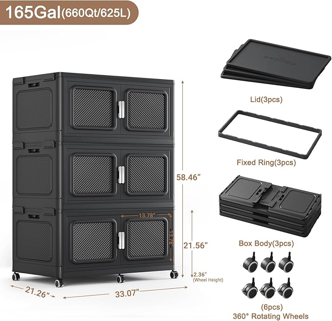 BROVIEW 660 Qt Extra Large Stackable Storage Bin with Lids, 3 Pack Black | 165Gal Extra Large, Collapsible Storage Boxes with 3 Lids, Folding& Rolling Plastic Drawer, Heavy-Duty Cabinet Organization - Image 2