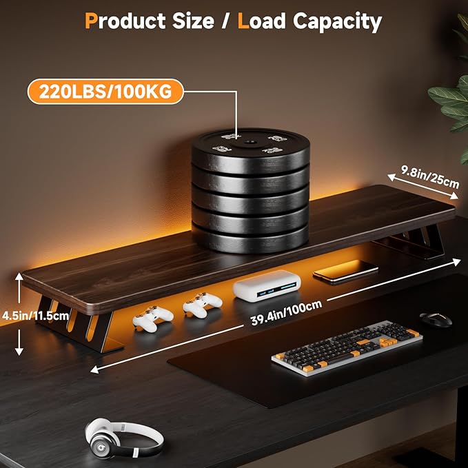 Monitor Stand Riser, 39 Inch Large Wood Monitor Stands for 2 Monitors | Desk Monitor Riser for Computer/Laptop/Printer/TV, Stand Riser up to 220 lbs - Image 3