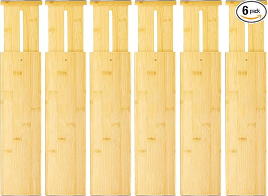 VaeFae 6 Pack Bamboo Drawer Dividers, 4" High Adjustable 16.6" - 21.8" Clothes Drawer Organizers, Expandable Separators for Bedroom/Bathroom/Kitchen/Office Storage by VaeFaeDirect